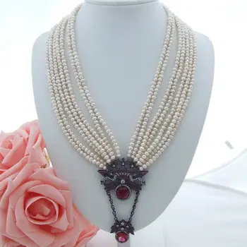 

Hand knotted 7rows 3-4mm white freshwater pearl micro inlay zircon accessoriese clasp sweater necklace long 50-62cm