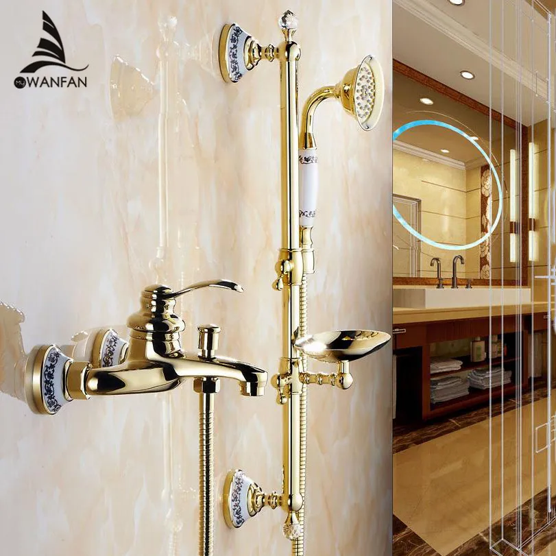 Wall Mounted Bathroom golden Brass Handheld Bath Shower Faucet with