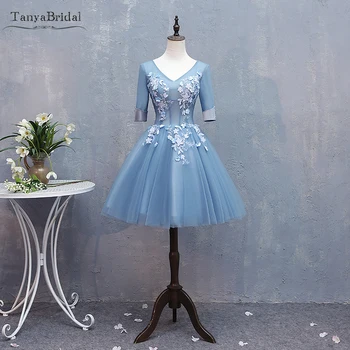

Dusty Blue Short Cocktail Dresses Half sleeve Tulle homecoming Dresses Fashion Formal Gowns Club Party Wear DHC005