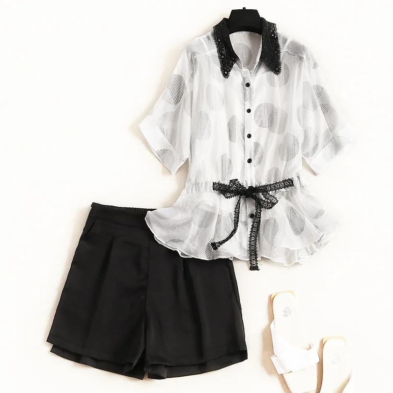 

Woman's Clothes Fashion Casual Suit Female Summer Lace Side Turtleneck Single Straight Tube Wide-legged Shorts