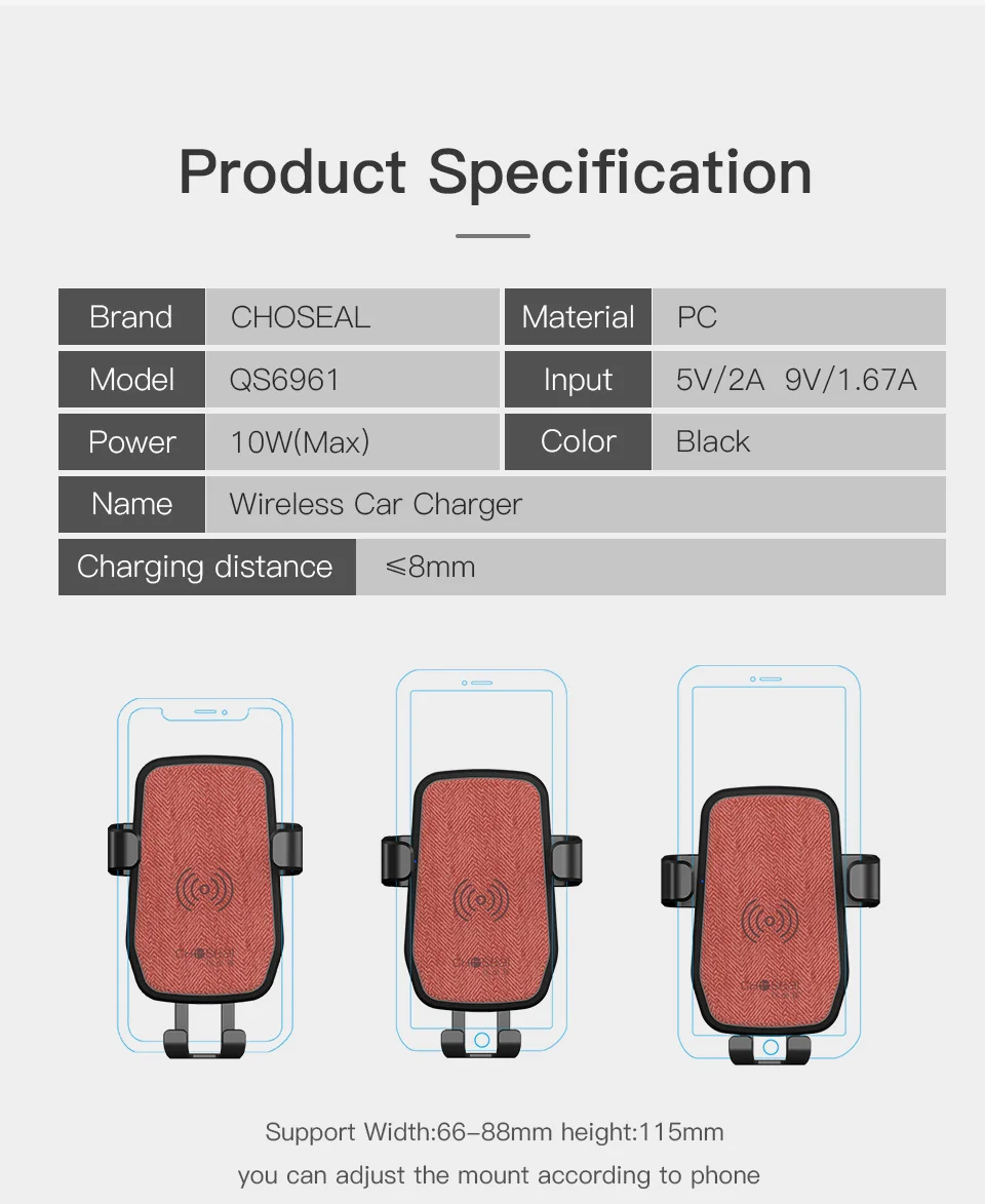 CHOSEAL 10W Qi Car Wireless charger for iPhone Xs XR X8 Fast Wireless Charger for Samsung Galaxy S9 S8 Xiaomi Mix 3 2S (9)