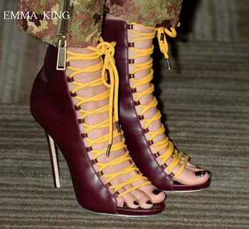 

Sandalias Mujer Cross-tied Knee High Boots Mixed Colors Open Toe Hollow Out Sandals Ankle Boots High Heels Botines Shoes Women