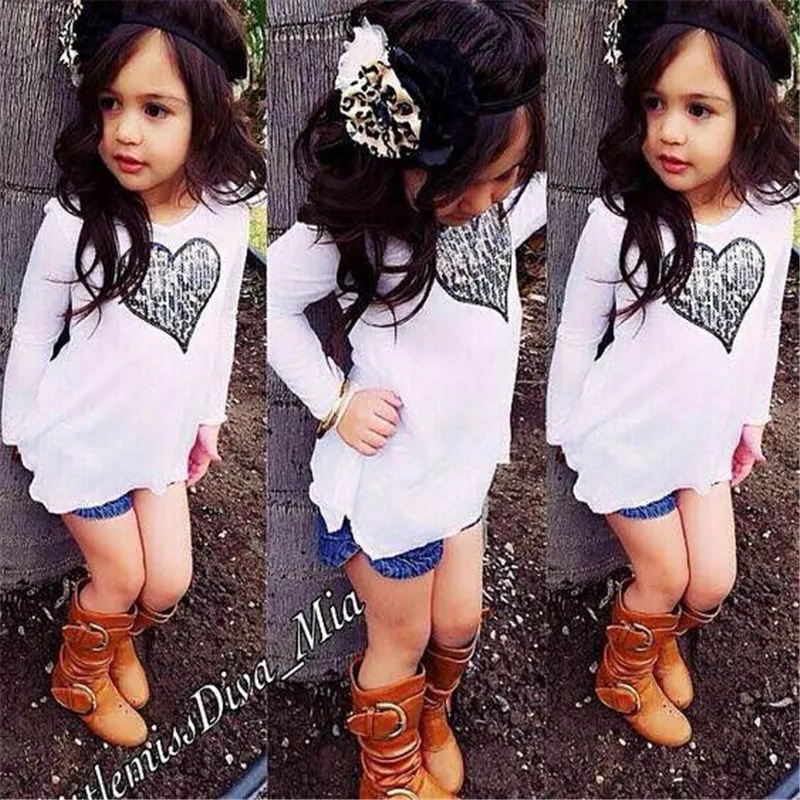 

2016 New summer girls clothing set 2pcs white love print long sleeve T-shirt + Denim shorts toddler girl clothing kids clothes