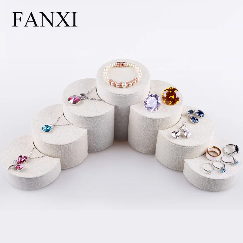 

FANXI Round Moon Shape Jewellery Display Holder Set MDF with Linen Necklace/Bracelet Ring/Earring Display Stand 7pcs/set