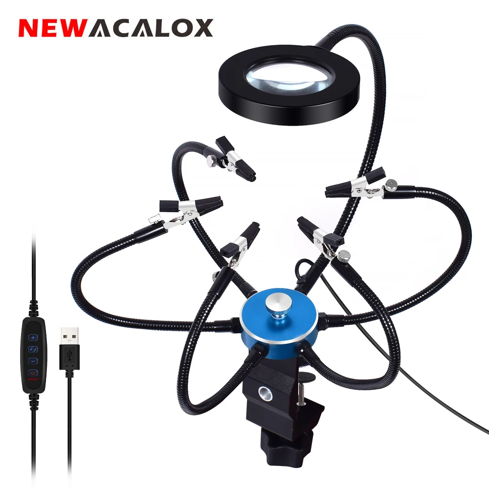 NEWACALOX Table Clamp Soldering Helping Hands with 3X USB Illuminated Magnifier Soldering Station Third Hand Tool Welding Tool