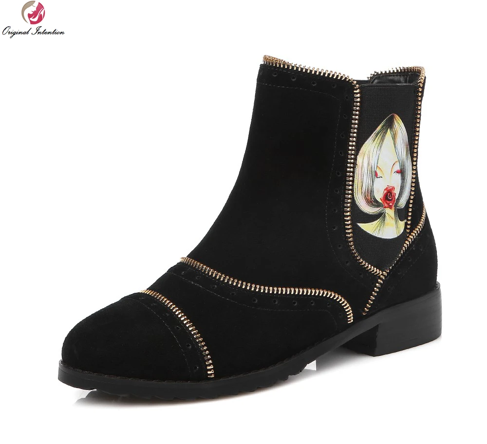 

Original Intention Design Women Ankle Boots Fashion Chains Round Toe Square Heels Boots Fashion Black Shoes Woman US Size 4-13