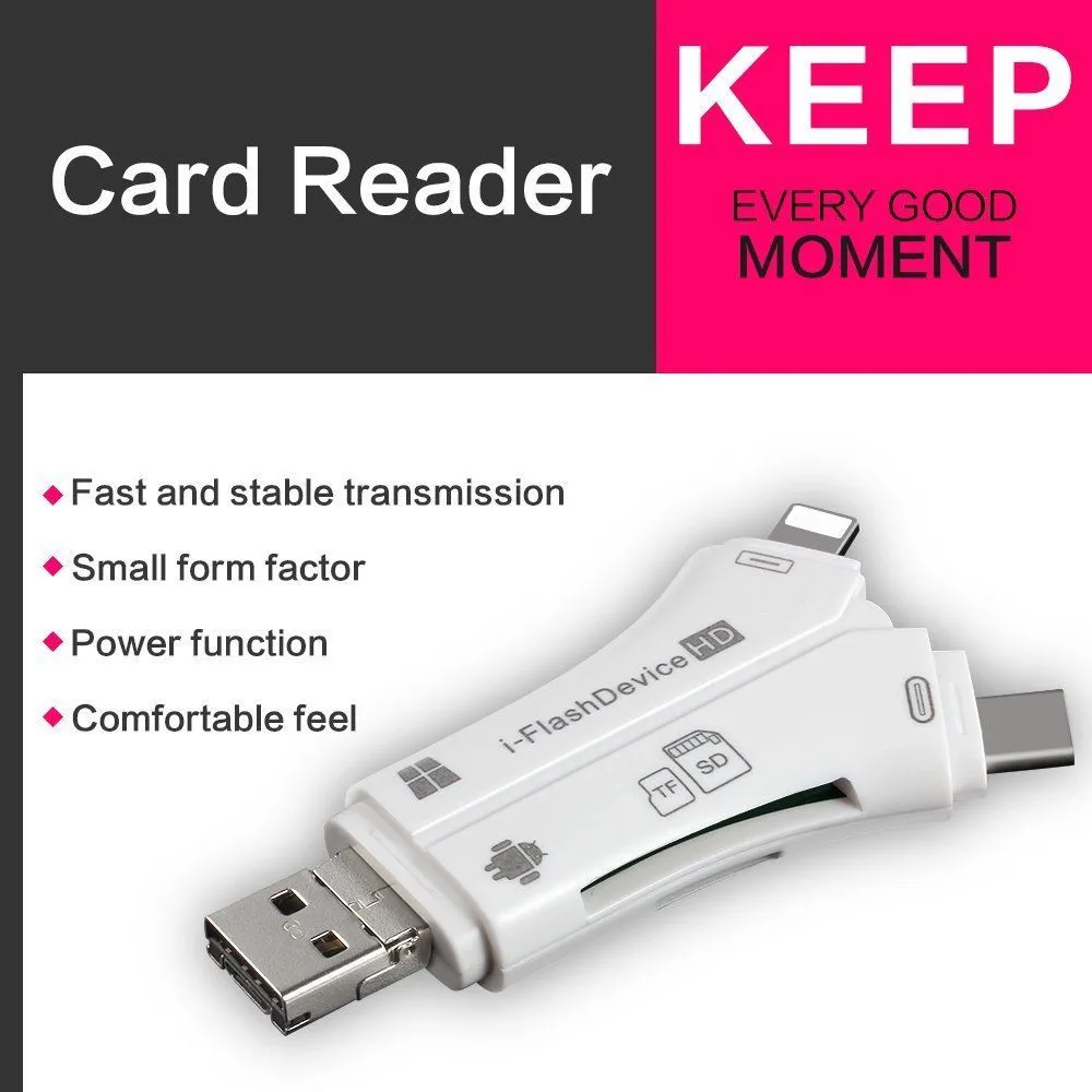 4 в 1 SD Card Reader USB Micro SD и TF Card Reader адаптер для iPhone iPad MAC Android Камера освещения и Тип-C удлинители