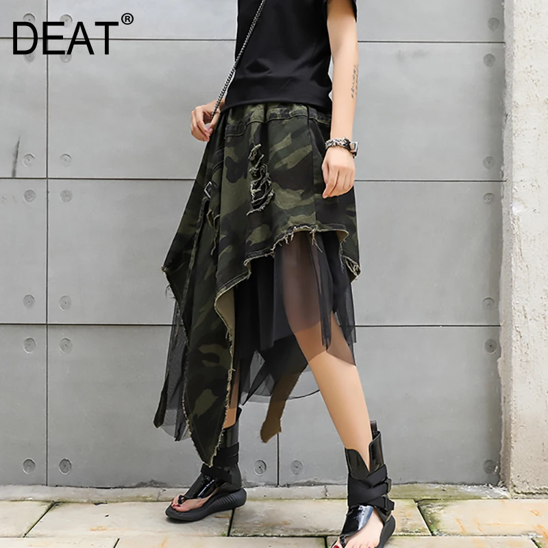 

[DEAT] 2019 New Spring Summer High Elastic Waist Camouflage Irregular Mesh Personality Half-body Skirt Women Fashion Tide JW2