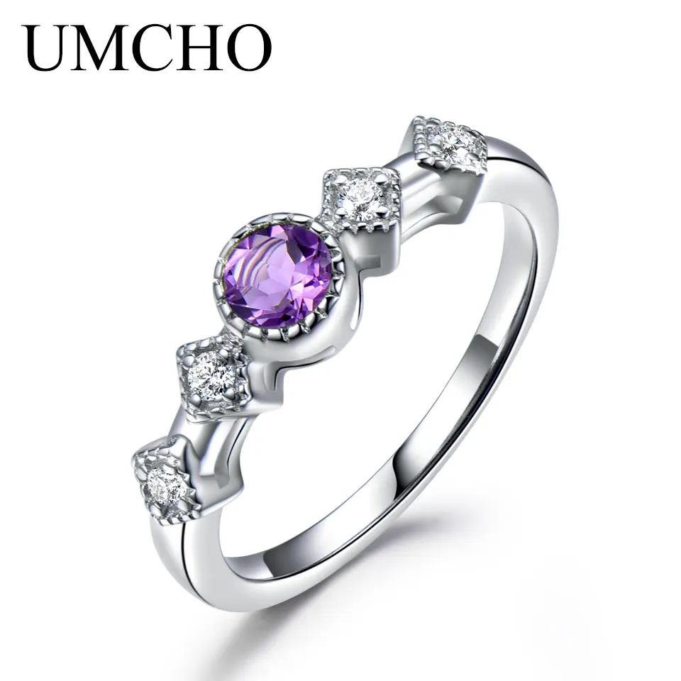 

UMCHO Natural Amethyst Solid 925 Sterling Silver Ring Purple Stone Engagement Wedding Fine Jewelry New Arrivals