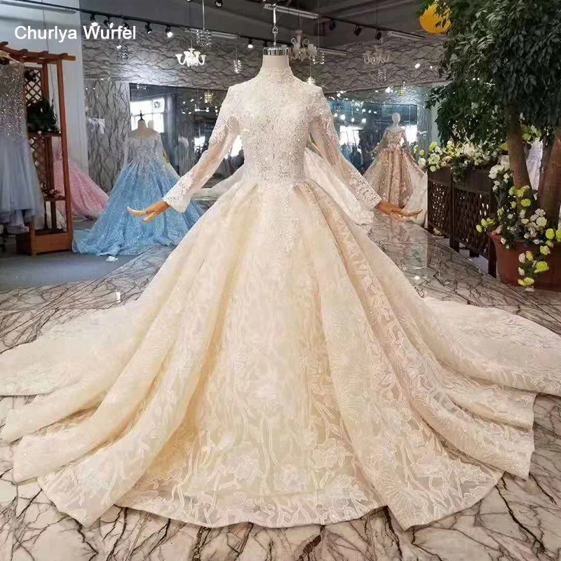 LS11246 роскошное кружевное свадебное платье с высоким воротом и длинными рукавами