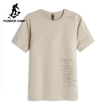 

Pioneer camp khaki short sleeve t shirt men letter print japan style cuffs tshirt men quality stretch tees male new ADT802070