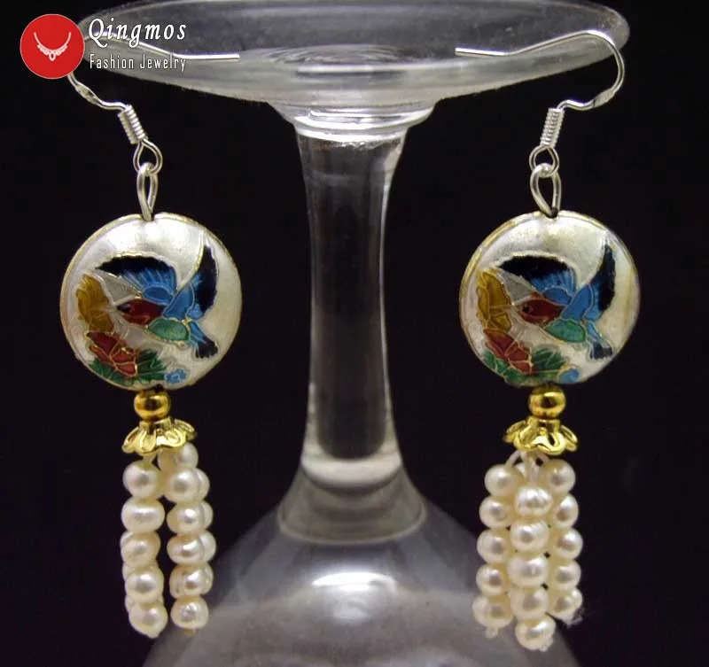 

Qingmos Natural 4-5mm White Pearl Earrings for Women with White Cloisonne Coin Beads & Cloisonne Hummer Dangle 2.5'' Earring 587