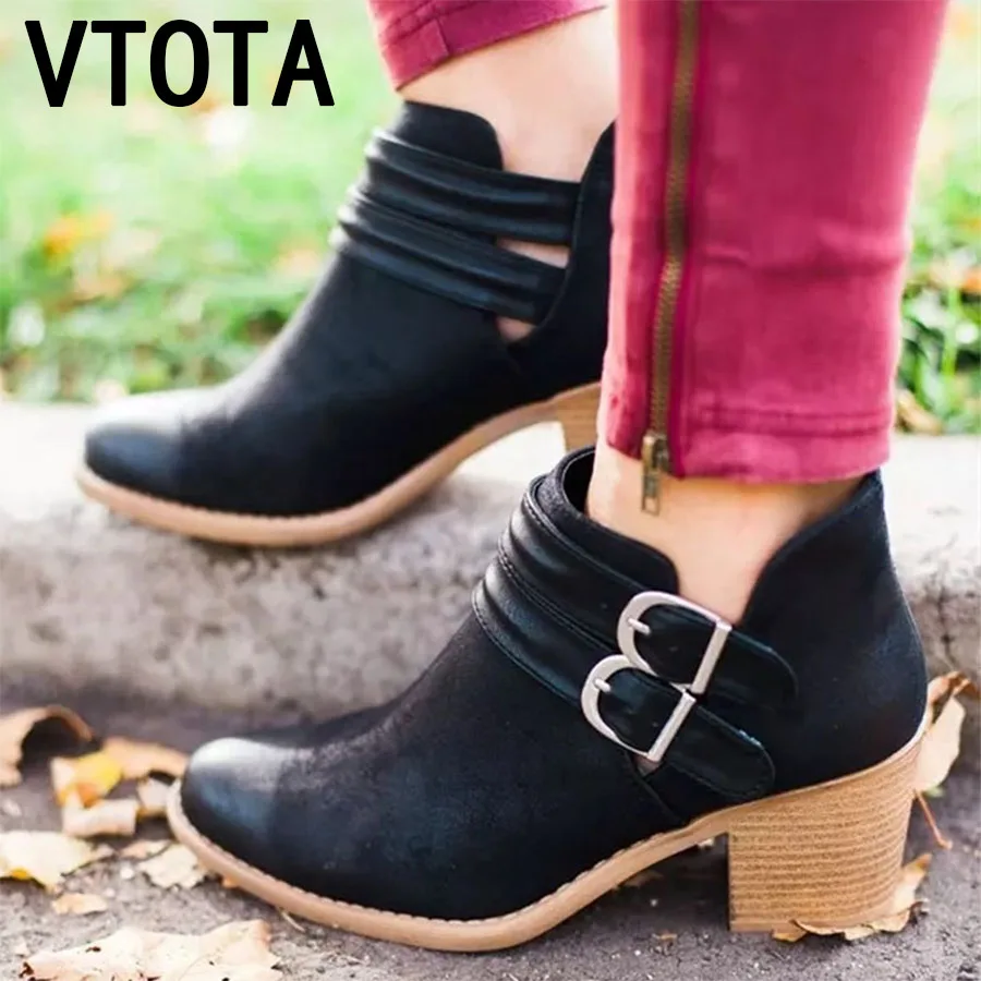 VTOTA  Autumn Women Boots Short Boots Fashion Low Heel Belt Buckle Bare boots  Martin Shoes Boots Fashion Zapatos Mujer K3