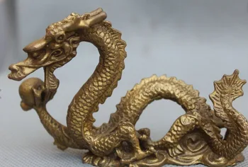 

10CM China Chinese Folk Fengshui Brass Success Fu Zodiac Year Dragon Bead Statue