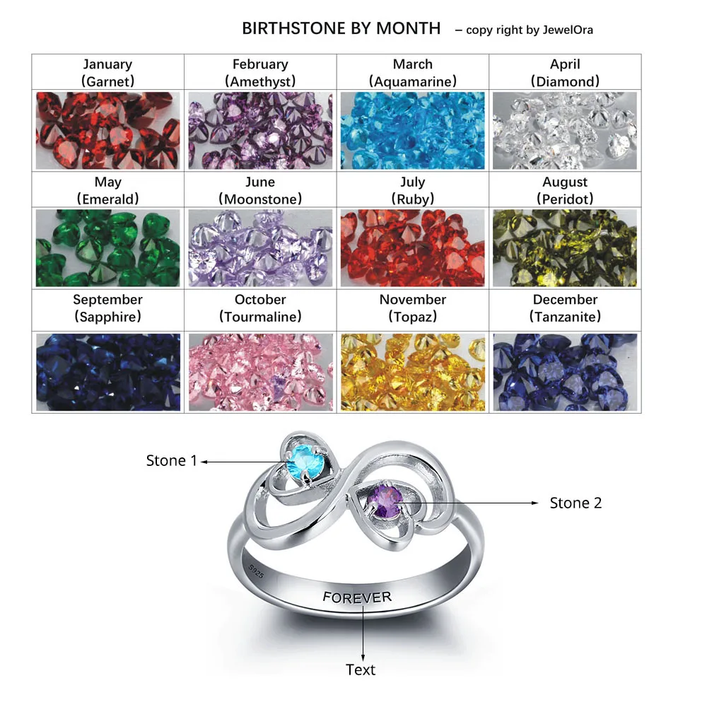 Personalized Engrave Birthstone Jewelry Heart Stone Name Ring 925 Sterling Silver infinity Love Rings (JewelOra RI101959)