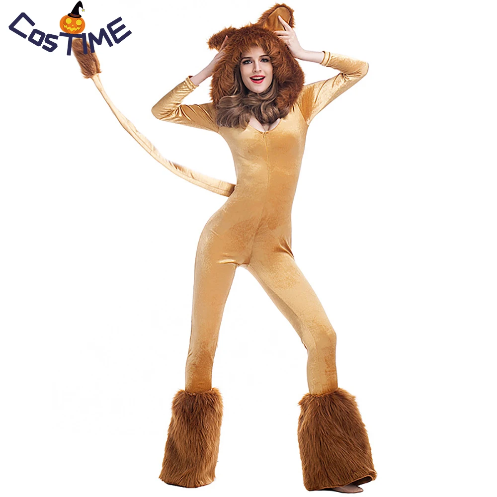 

Deluxe Lion Costume Queen of the Jungle Women's Fluffy Animal Jumpsuit with Leg Warmers Halloween Carnival Party Fancy Dress