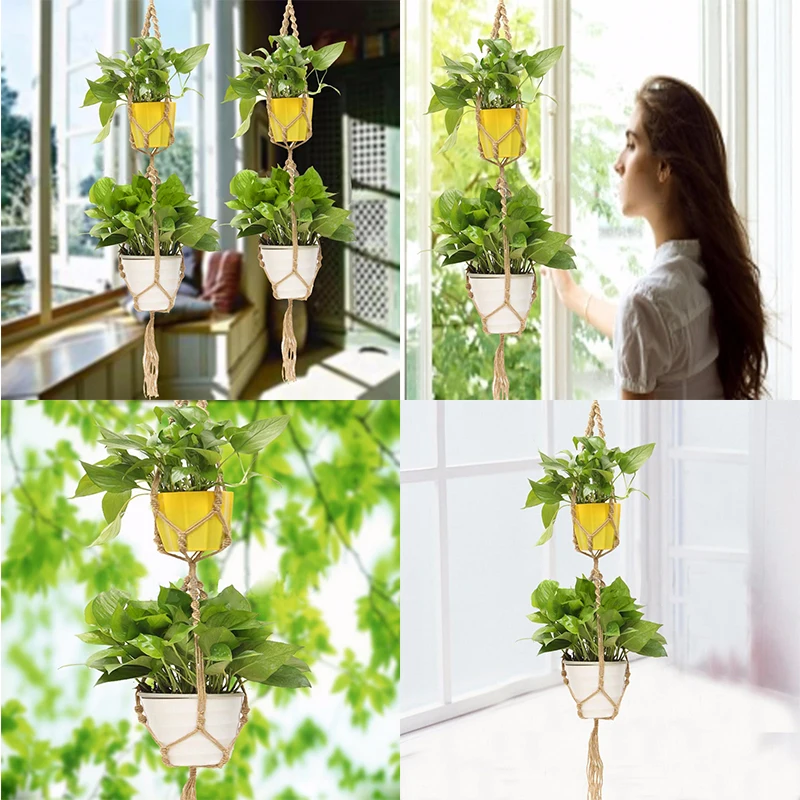 125cm Macrame Plant Hanger Basket Flowerpot Plant Holder Macrame Hanging Vintage Knotted Lifting Rope Garden Home Decoration