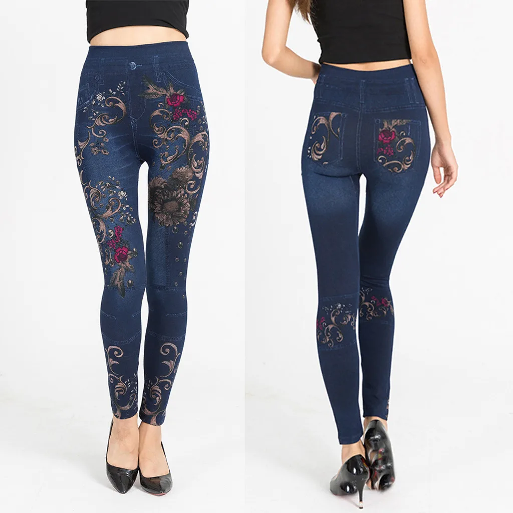 

Ladies'printed Jeans Bottoms Hip Lift Overshoot And Slim Nine-minute Pants #4