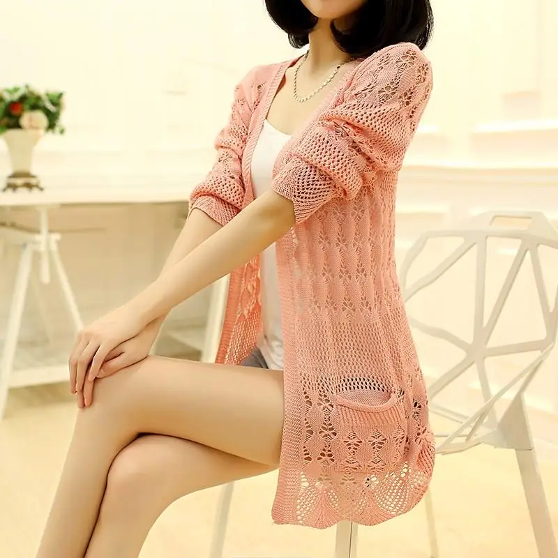 

Knitted Sweater Lady's Cardigan Korean Version Hollowed Out Sweater Coat Long And Thin Section2018 New Spring And Autumn