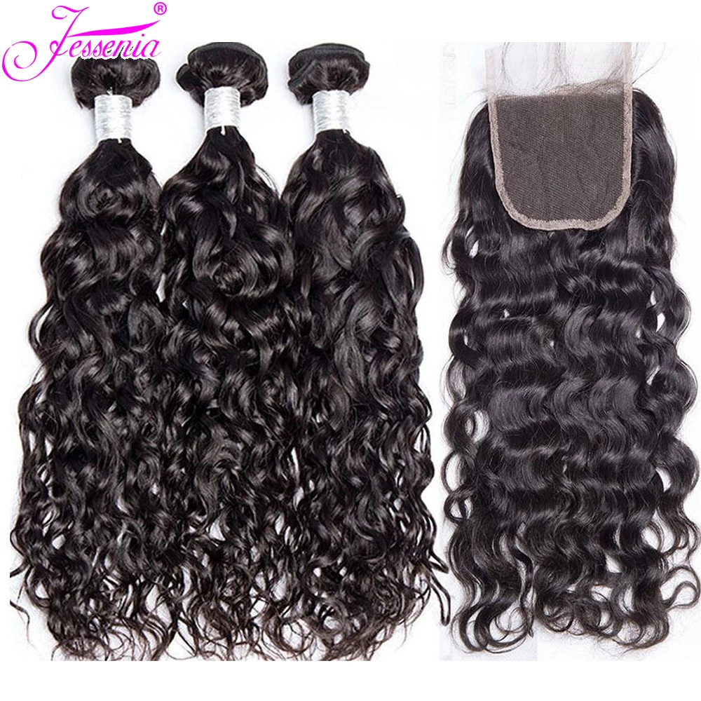 Water Wave Bundles with Lace Closure Malaysian Hair Bundles with Closure Remy Human Hair Bundles with Closure 4 pcs 100g/Bundle