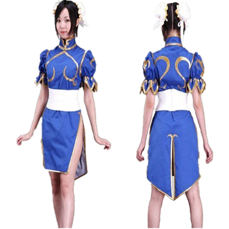 

Anime Sakura Street Fighter Chun li cosplay costumes Cosplay Summer Blue and Red Dress For Women and girls