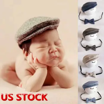 

Fashion Cute Baby Newborn Peaked Beanie Cap Hat + Bow Tie Photo Photography Prop Outfit Gift Hospital Newborn Beanie Prop
