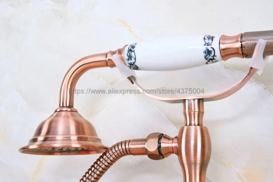 Antique Red Copper Bathroom Clawfoot Bath Tub Faucet Mixer Tap Ceramic Handle Hand Shower Head Nna330