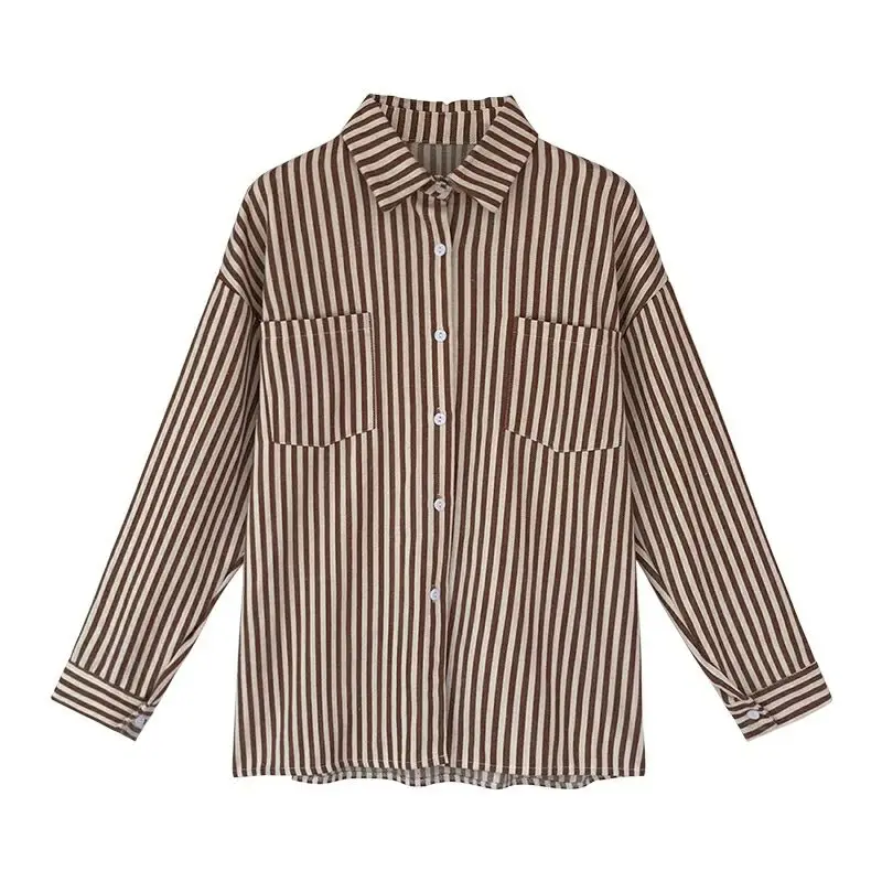 2019 Autumn New Women's Shirt Retro Fashion Loose Classic Striped Boyfriend Style Long Sleeve Female Shirts Casual Blouse 80s90s