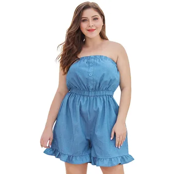 

Women Summer Sexy Plus Size Casual Wrapped Chest Ruffled Wide Leg Denim Shorts Jumpsuit Off Shoulder Backless Jumpsuit #513