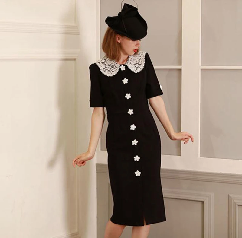 LUKAXSIKAX высокое качество Подиум Дизайнерское черное платье карандаш Весна Лето Женское кружевное лоскутное элегантное платье с аппликацией