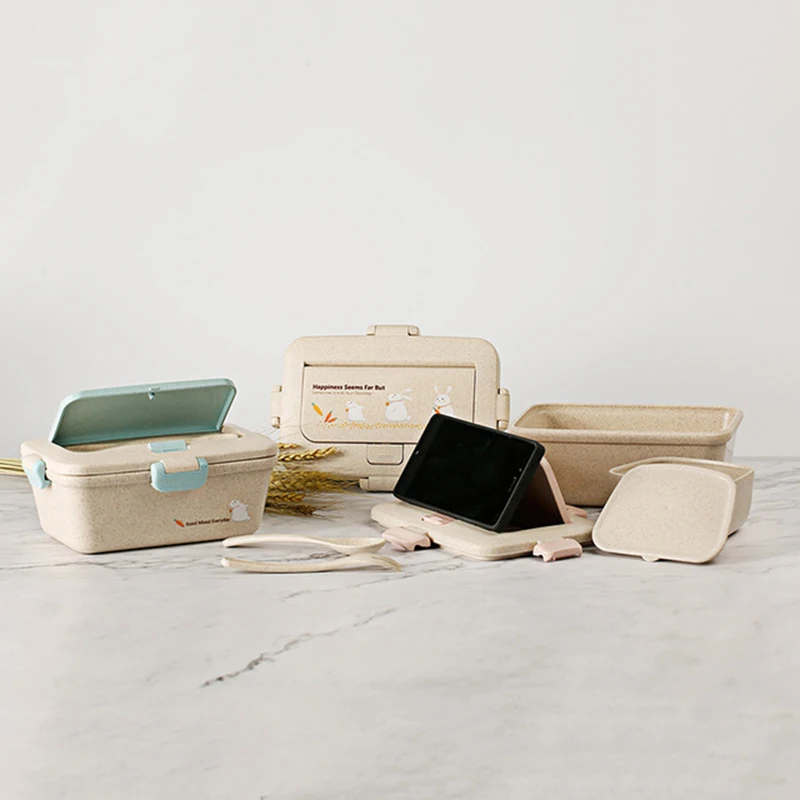 Cartoon Cute Wheat Straw Lunch Box Japanese Camping Picnic School Student Food Container Small Platic Rectangle Bento Box