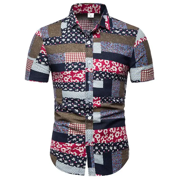 

Linen Shirts Men Short-sleeved Casual Mens dress Shirts Hip hop Plus size Plaid stitching Hawaiian Blouse Men Summer