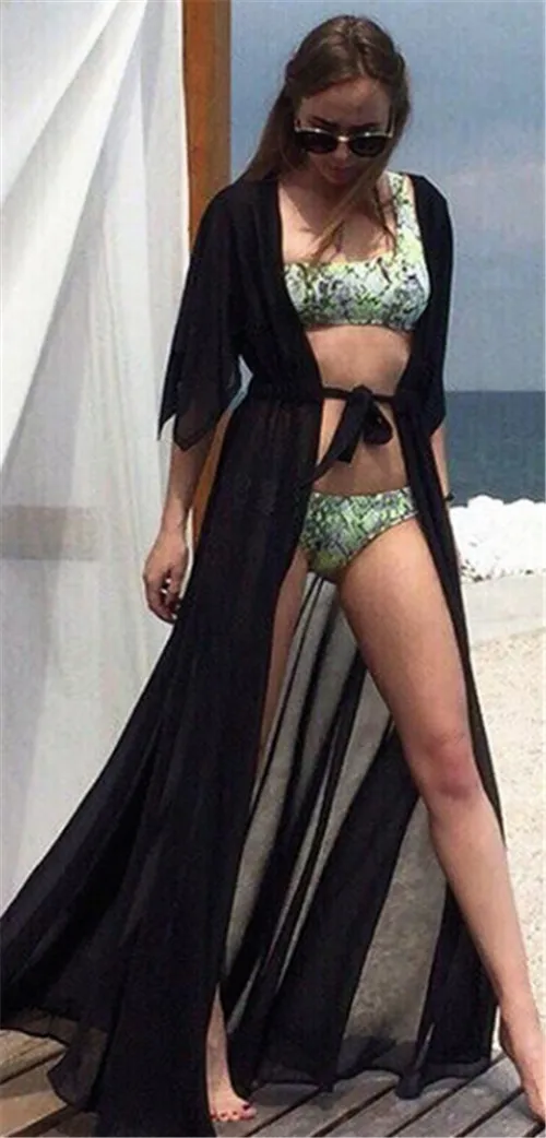 Летнее женское пляжное сексуальное бикини шифоновое длинное платье для женщин однотонное пляжное платье женский купальный костюм пляжное платье-туника - Цвет: Черный