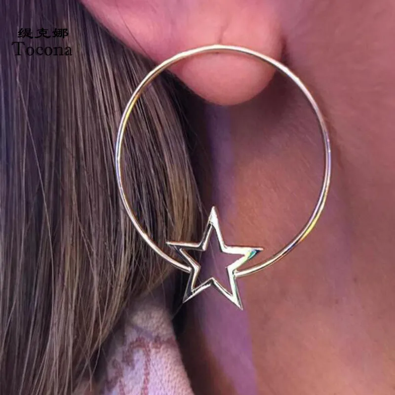 

Tocona Punk Trendy Style High Quality Earrings Round Star Hollow Shape Design Gold Color Jewelry For Women Ladies Party 7062