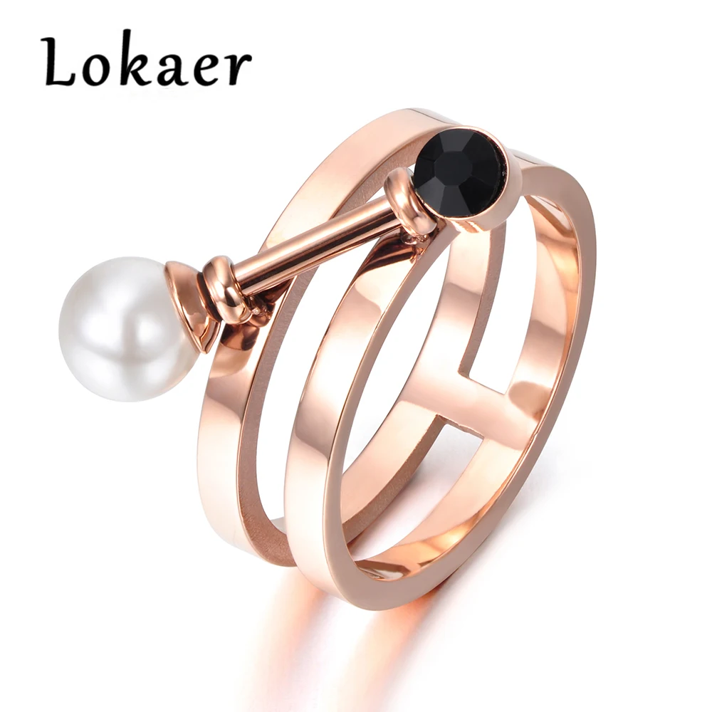 

Lokaer New Design Simulated Pearl & Black Cubic Zirconia Ring Jewelry Titanium Steel Engagement Wedding Women Rings R171400366R