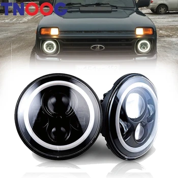 

TNOOG 7" Inch LED Headlight With Halo Angel Eyes For Lada 4x4 urban Niva Jeep JK Land rover defender Hummer UAZ Hunter