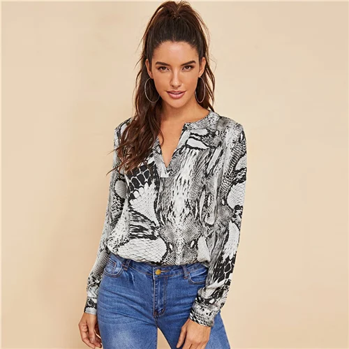 COLROVIE Grey V Cut Neck Snake Skin Print Sexy Ladies Blouse Shirt 2018 Autumn Long Sleeve