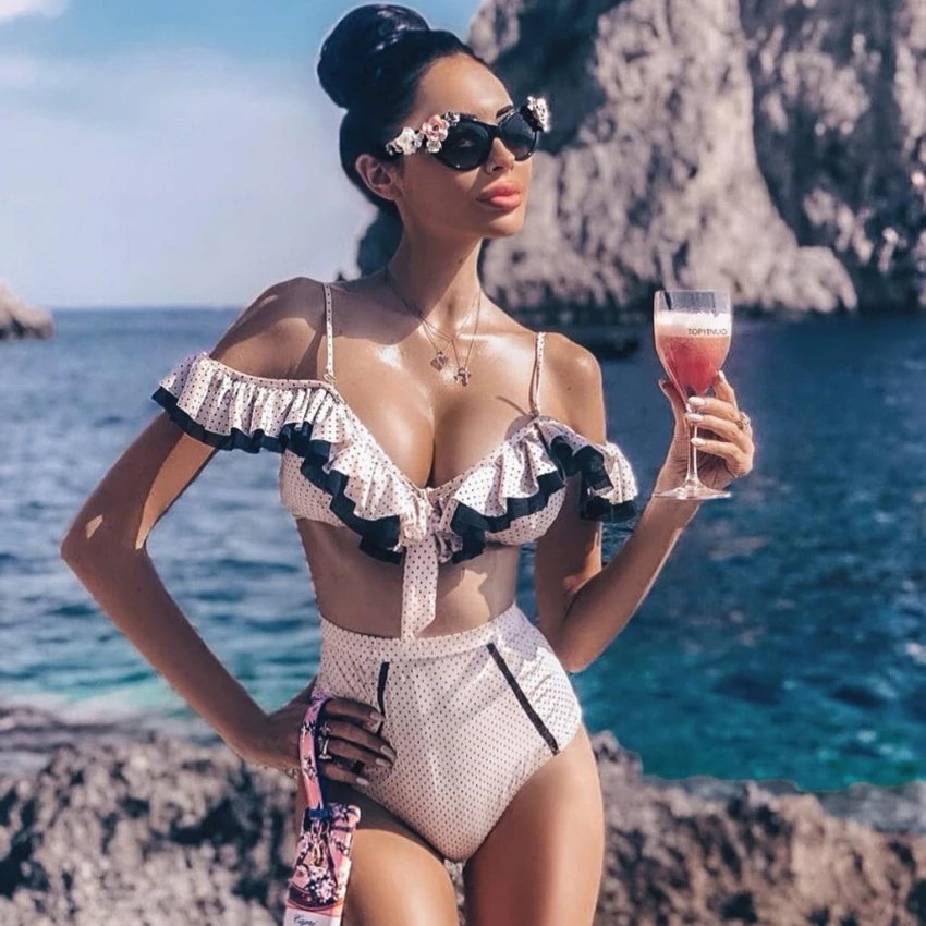 

Womens High Waist Two Pieces Bikini Set Padded Stripe Strappy Bathing Suit Push Up Biquini Ruffled Swim Hot Swimsuit Instgram