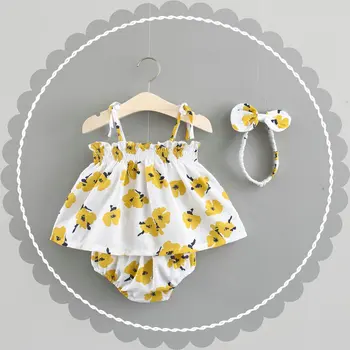 

Infant baby clothes sleeveless print Flower Summer Baby Girl dress cotton party princess dresses Elastic Baby Headbands Set