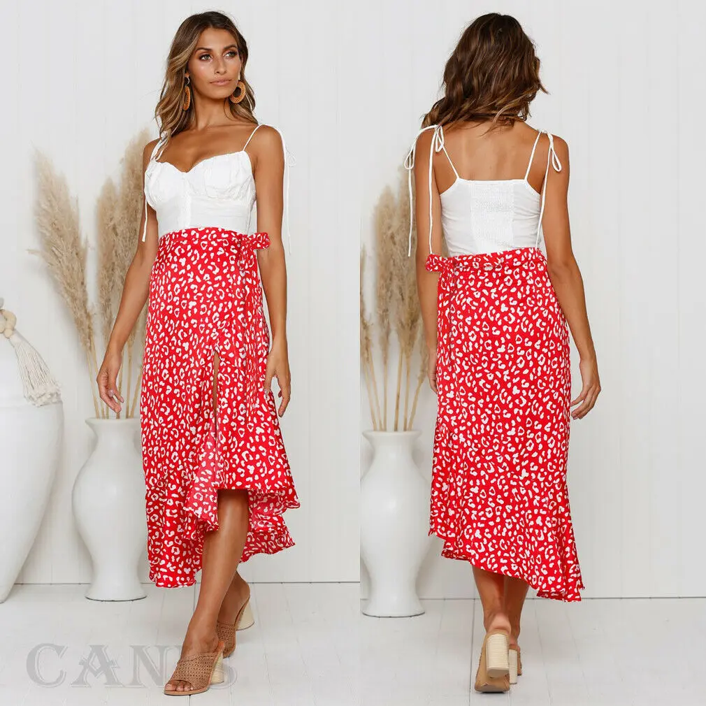 New Ladies Boho Floral Jersey Chiffon A-line One-piece Wrap Gypsy Ankle Long Maxi Split Full Summer Beach Women Sun Skirt