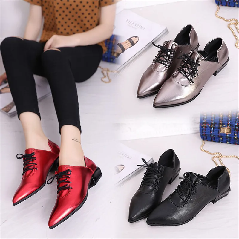 

Spring and autumn genuine leather pointed toe in with single shoes female fashion vintage women's shoes thick heel lacing small