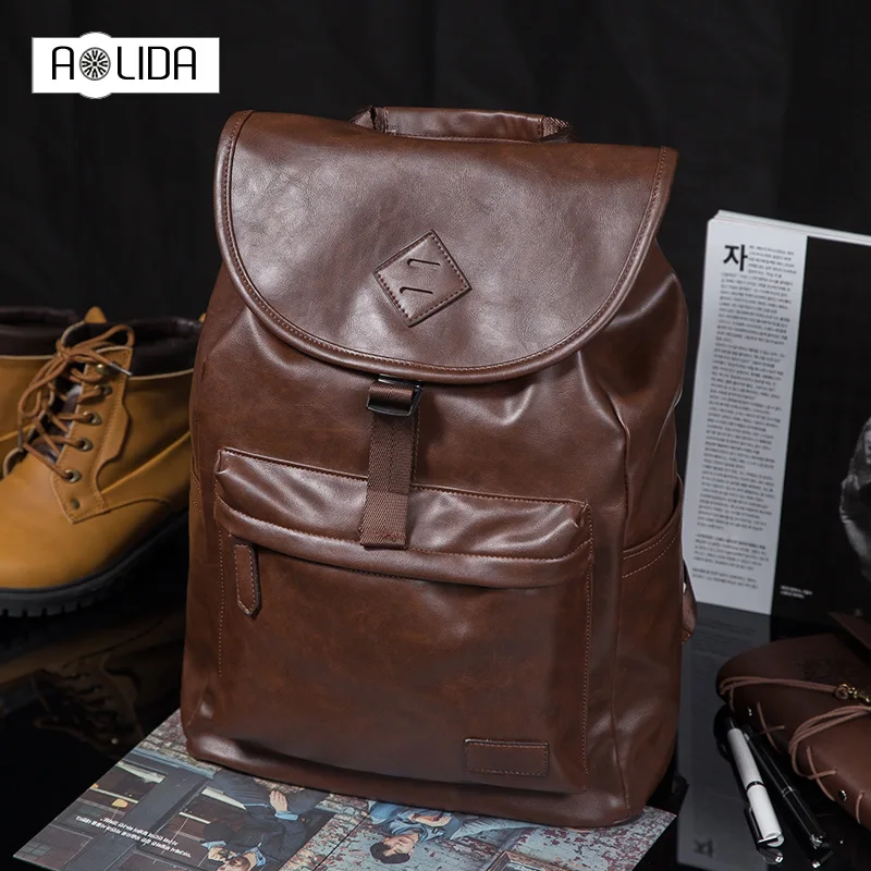Black Brown waterproof 15.6 inch laptop backpack men PU leather