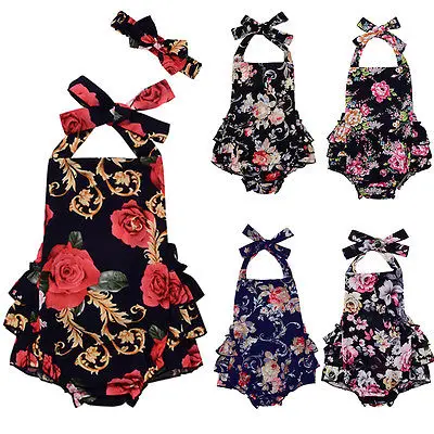 

Cute Newborn Toddler Baby Girl Halter Floral Bodysuits Jumpsuit Outfits Headband Clothes Summer Girls Ruffles Clothing