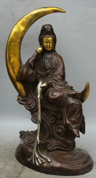 

JP S61 15" Chinese Bronze Gild Silver Seat moon Kwan-yin Guan Yin Goddess Vase Statue