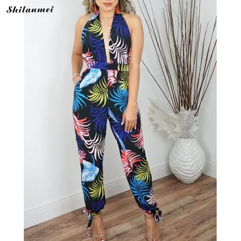 

Sexy Jumpsuit Women Halter Bohemian Long Playsuit Women Deep V Neck Backless Straight Rompers Leaf Pattern Beach Party Jumpsuit