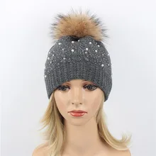 Шапка с помпоном из натурального меха, толстая зимняя женская шапка, Вязаная Шапка-бини, женская шапка с помпонами из натурального меха