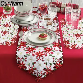 

OurWarm New Year 2020 Table Decorations Floral Christmas Tablecloth Embroidered Table Runner Placemats Christmas Decorations
