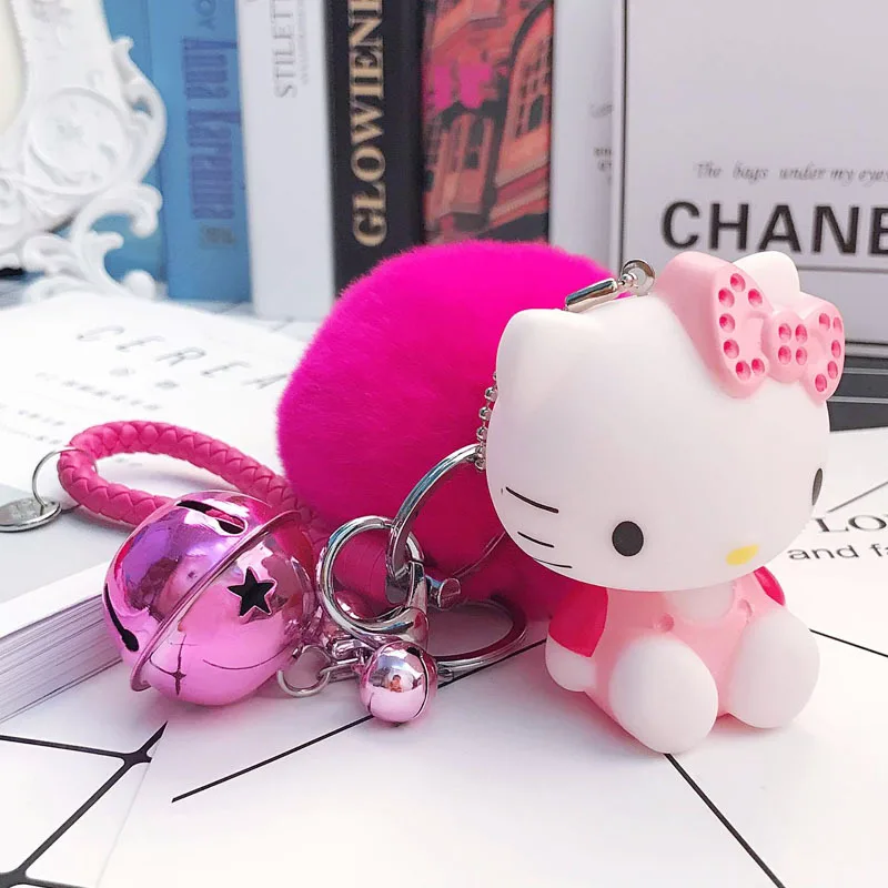 Брелок Hello Kitty с помпоном для ключей Porte брелок для сумки автомобиля мультфильм меховой шар брелок chaviro подарок для женщин - Цвет: rose red