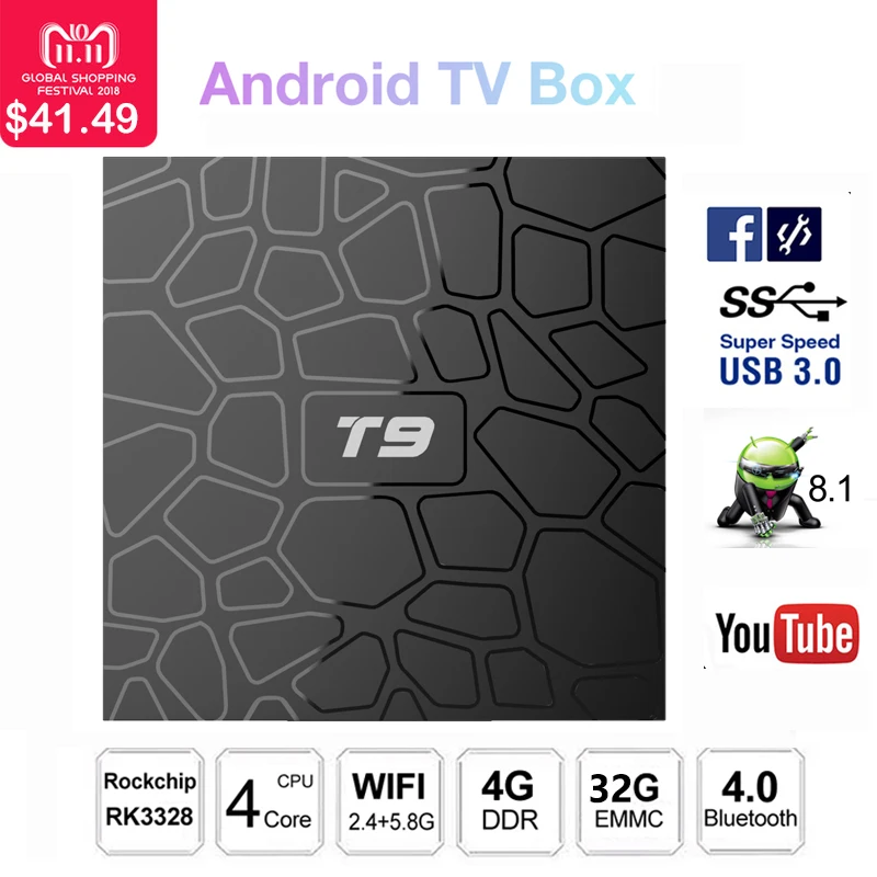 

T9 4GB RAM 32GB ROM RK3328 Quad Core CPU Smart Android 9.0 TV BOX Bluetooth4.0 H.265 4K 2.4GHz WIFI Set-top box Media Player