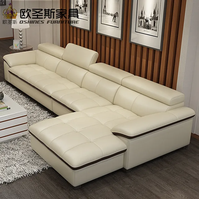 Modern Sectional Livingroom Beige Genuine Leather Sofa Set Leisure L Modern Sectional Livingroom Beige Genuine Leather Sofa Set Leisure L Shape